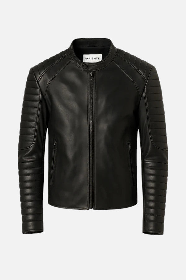 Blouson cuir homme LEMAN BLACK col montant face — Serge Pariente Paris