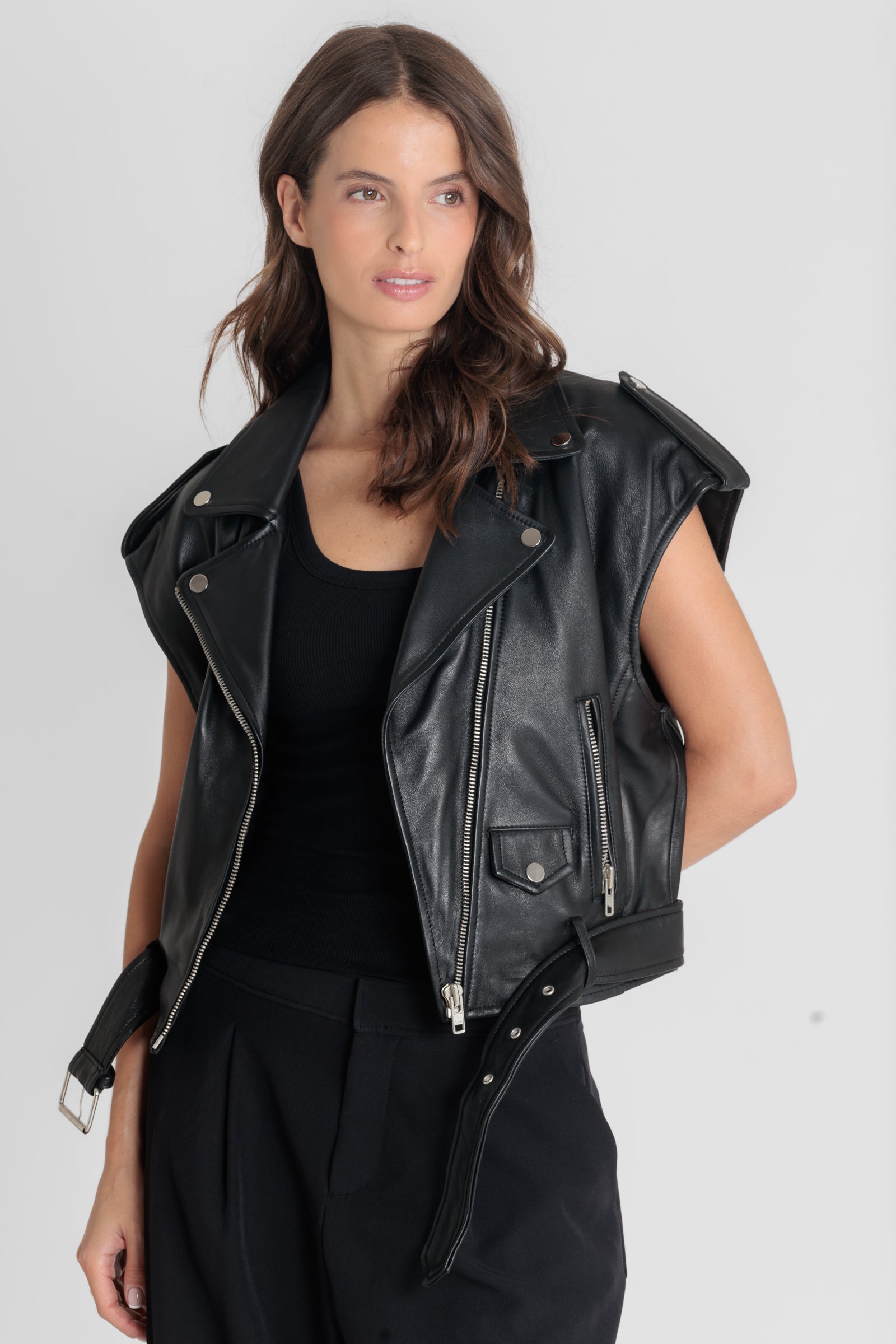 Gilet cuir STEF GILET BLACK - vue face - Serge Pariente Paris