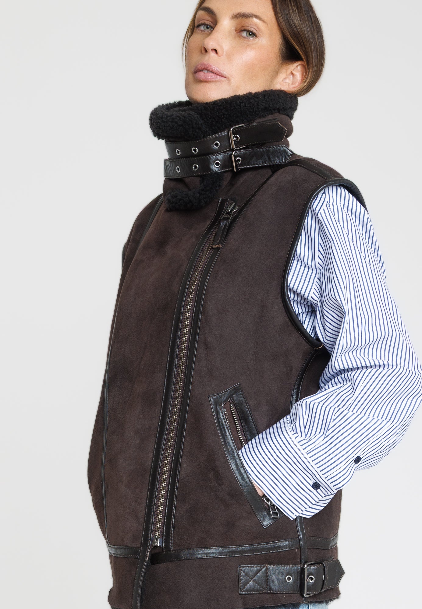 Gilet cuir CHRISTELLE GILET BROWN - vue detail - Serge Pariente Paris