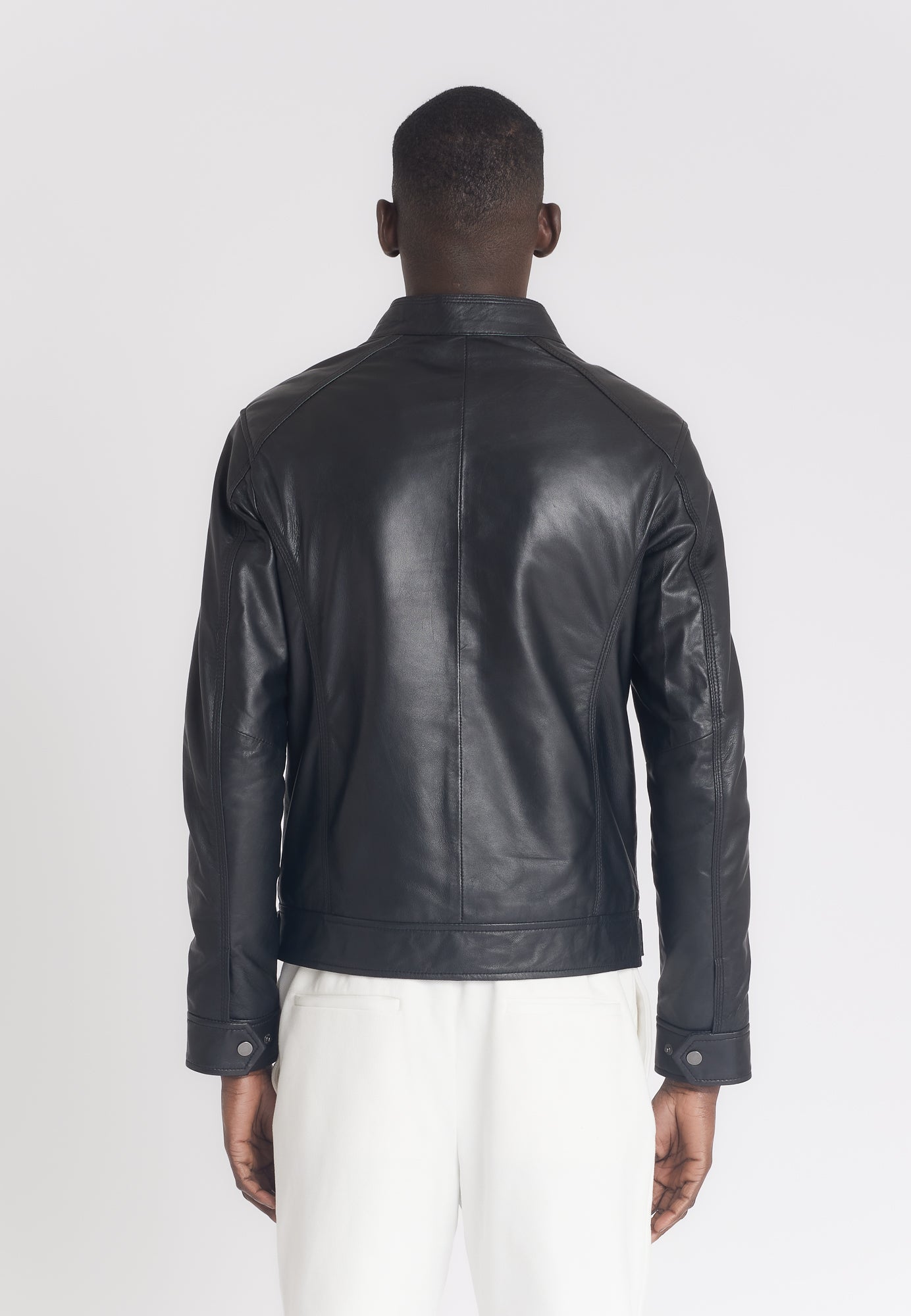 Blouson cuir col motard ERICO BLACK vue côté — Serge Pariente