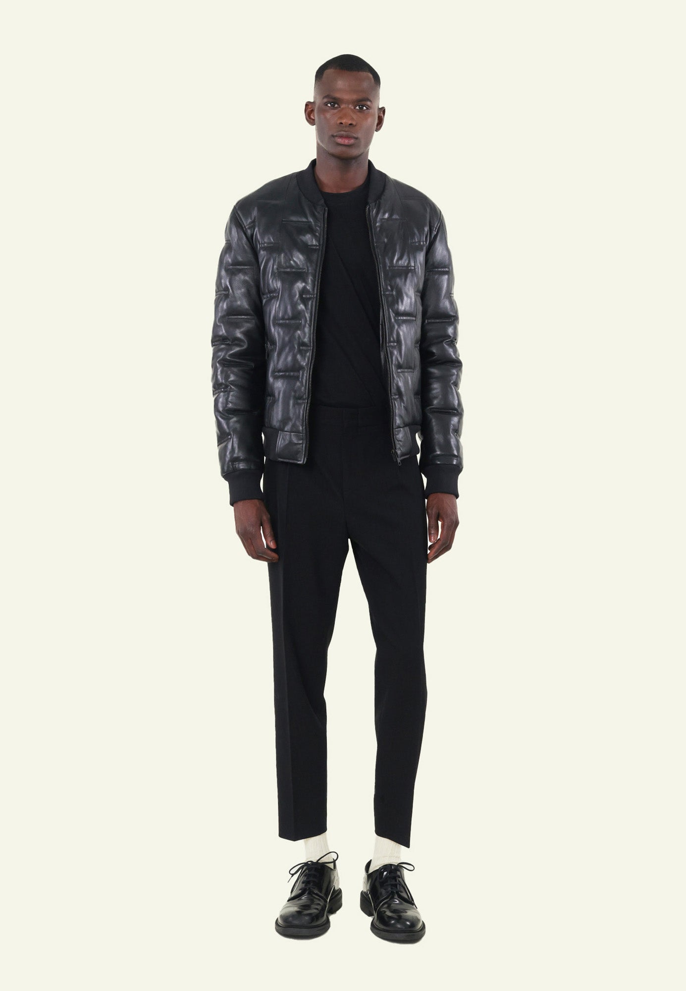 Bomber matelassé cuir mouton noir CLEVER BLACK face — Serge Pariente Paris