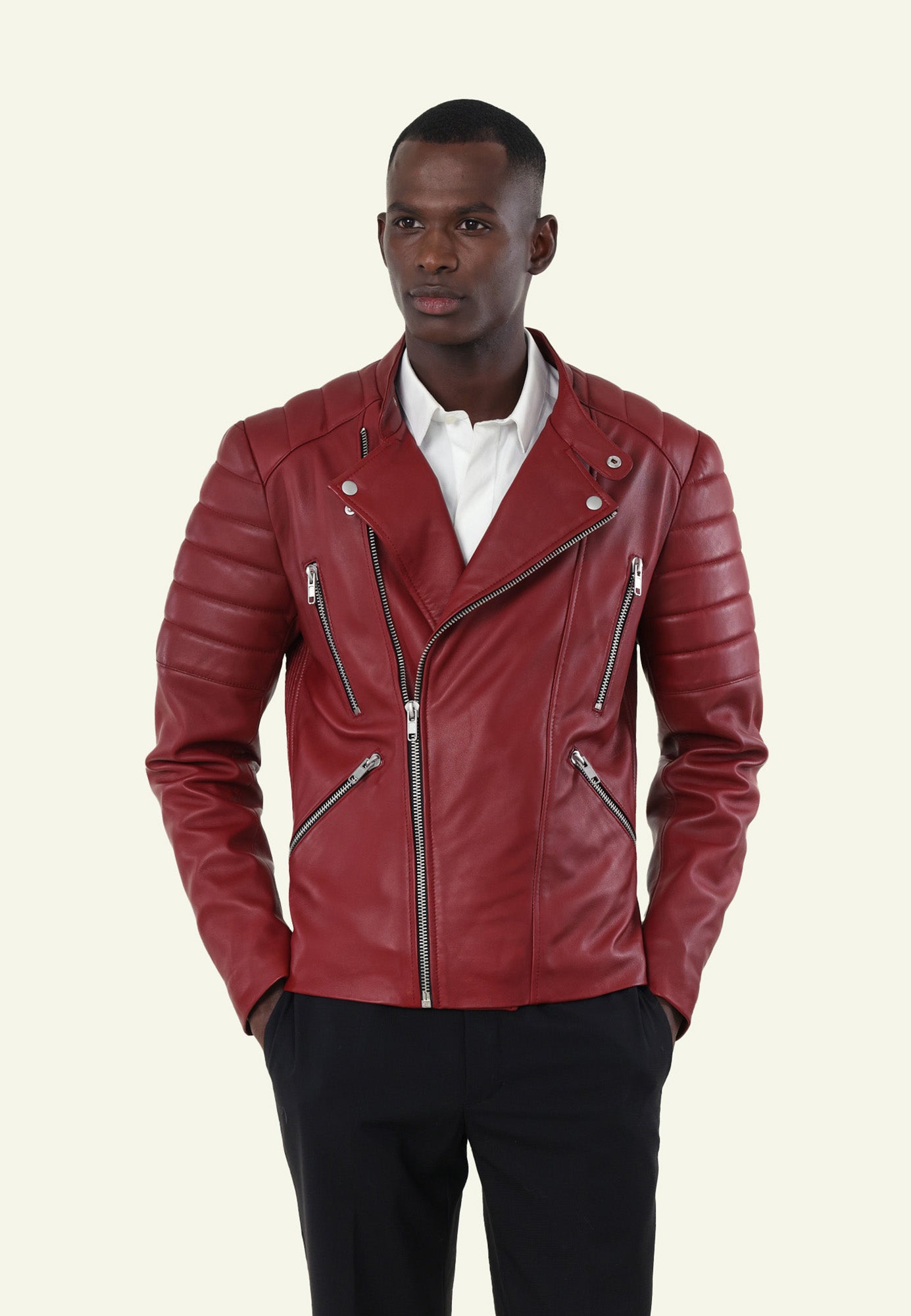 Détail zip col motard GLADIATOR RED cuir mouton — Serge Pariente