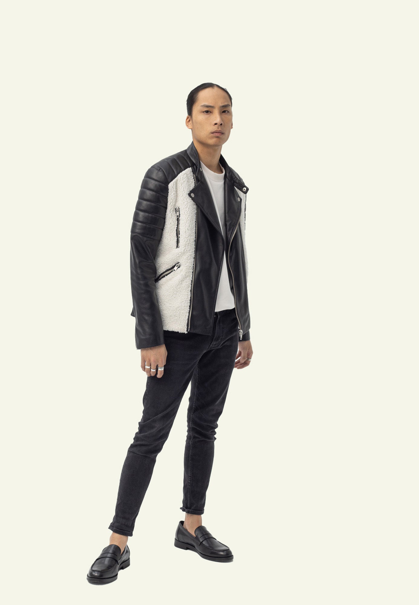 Blouson cuir mouton empiècements sherpa blanc GLADIATOR NOUNOURS face — Serge Pariente