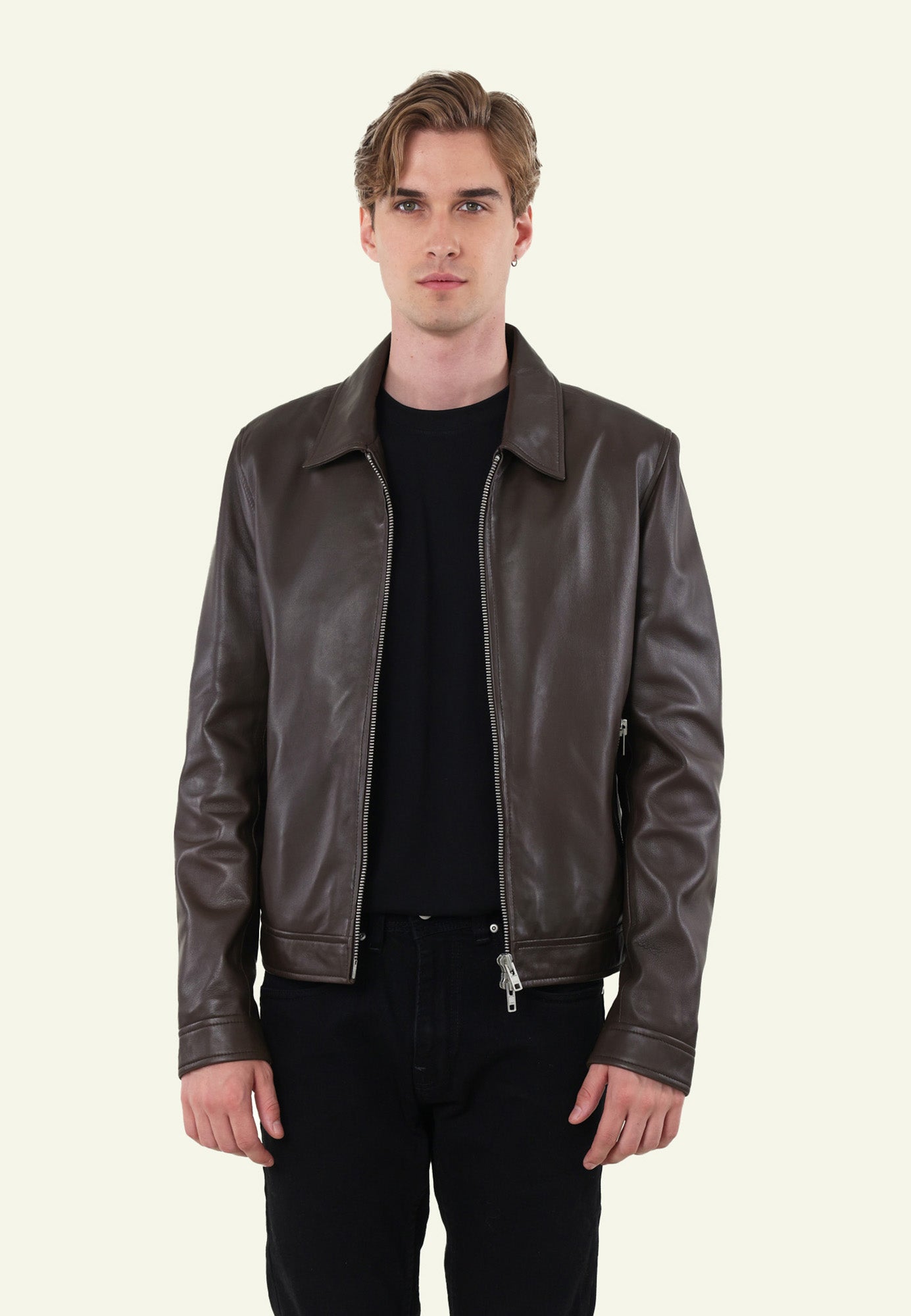 Veste cuir mouton brun col chemise RANDOM BROWN face — Serge Pariente