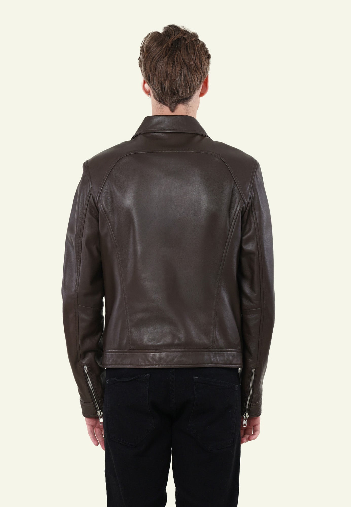 Veste cuir RANDOM BROWN vue côté — Serge Pariente Paris