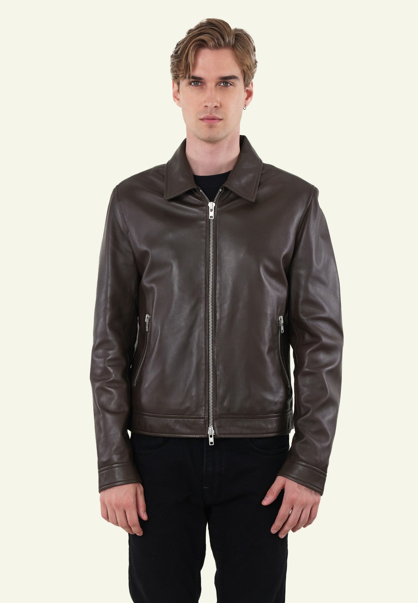 RANDOM BROWN vue dos veste cuir mouton brun — Serge Pariente Paris