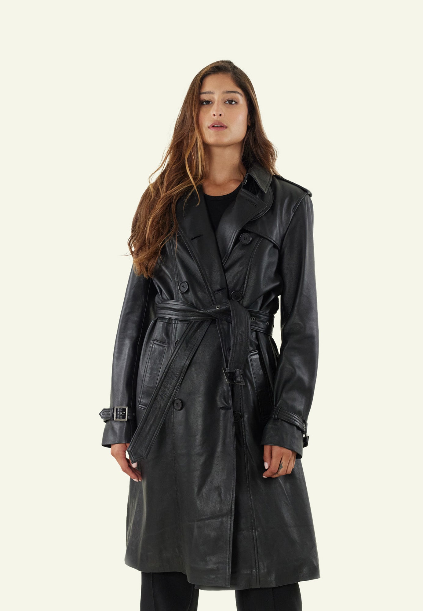 Trench cuir mouton noir long femme GLORIA face — Serge Pariente Paris