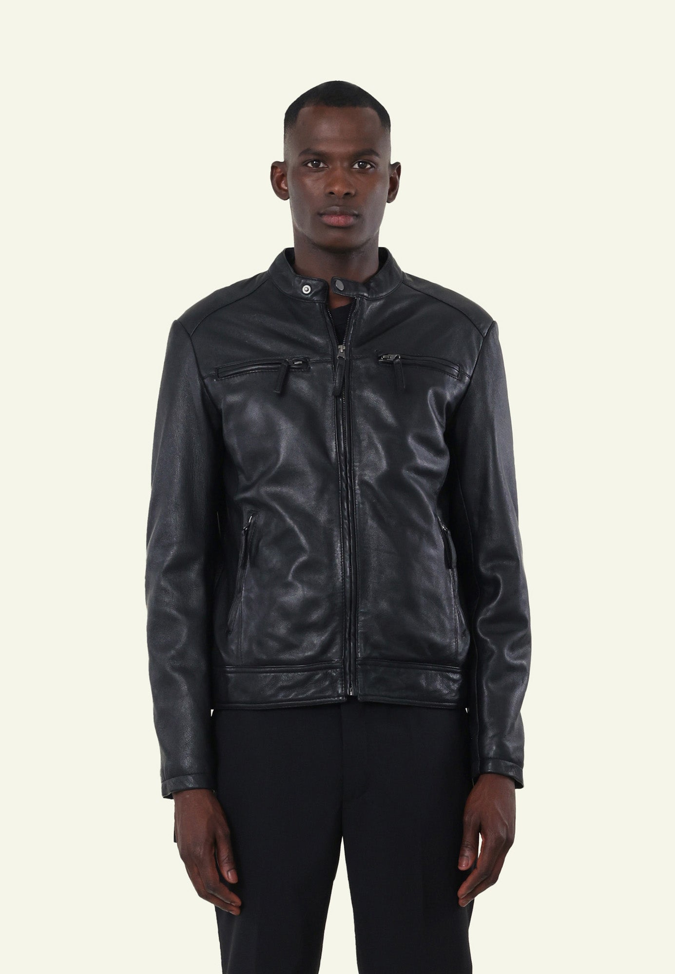 Blouson cuir biker TONIC NF BLACK vue côté — Serge Pariente Paris