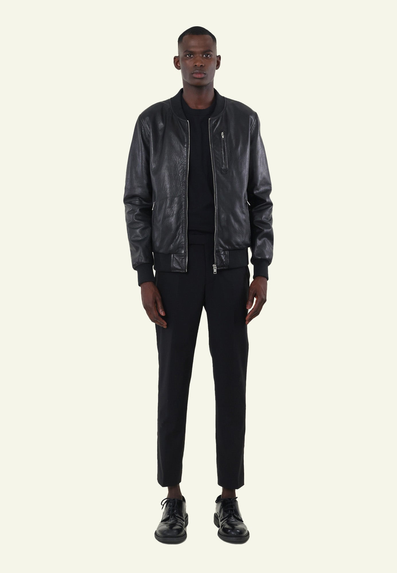 Bomber cuir mouton noir poche verticale BONZIP BLACK face — Serge Pariente