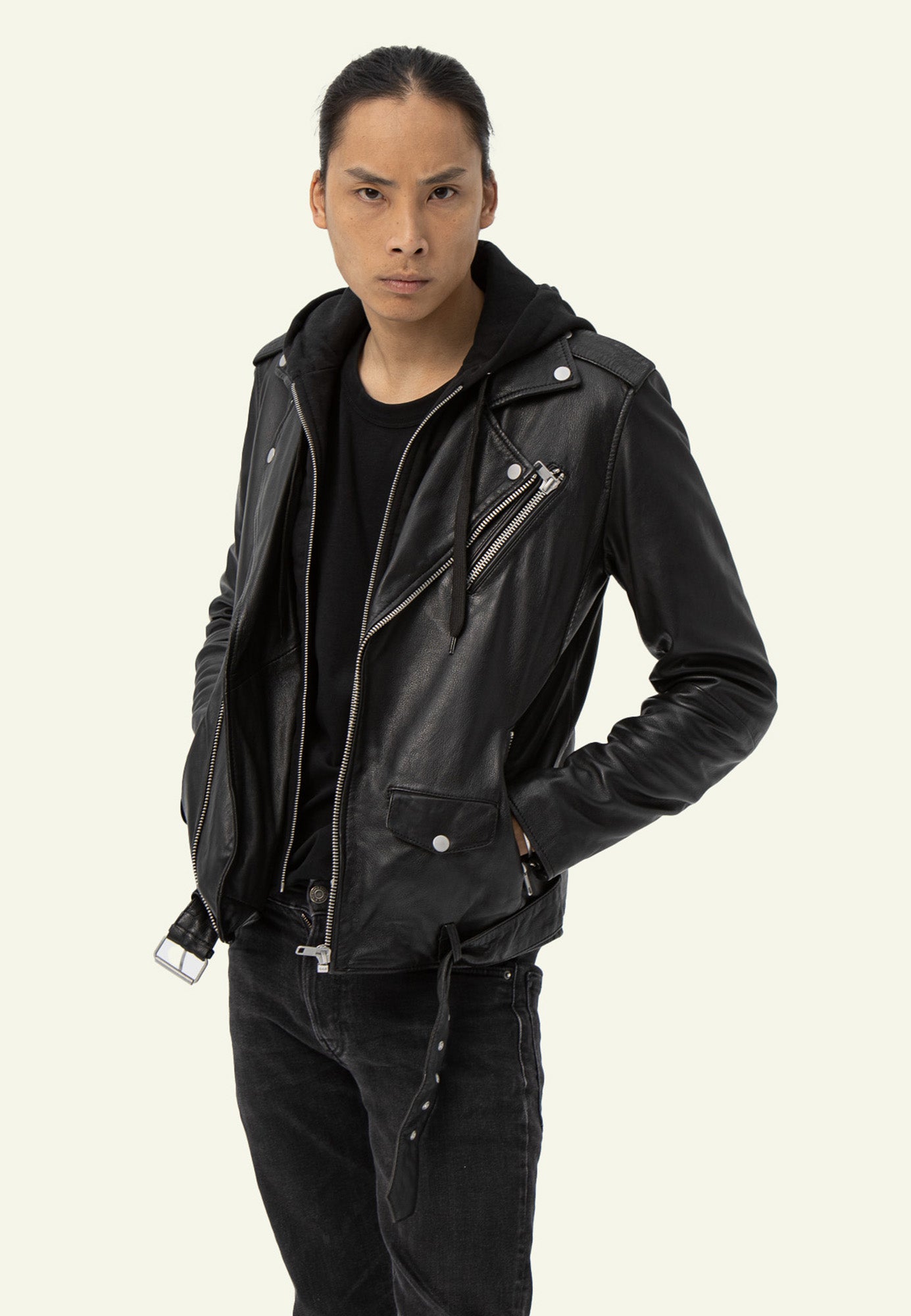 Perfecto cuir homme capuche amovible ROCKER HOOD BLACK face — Serge Pariente