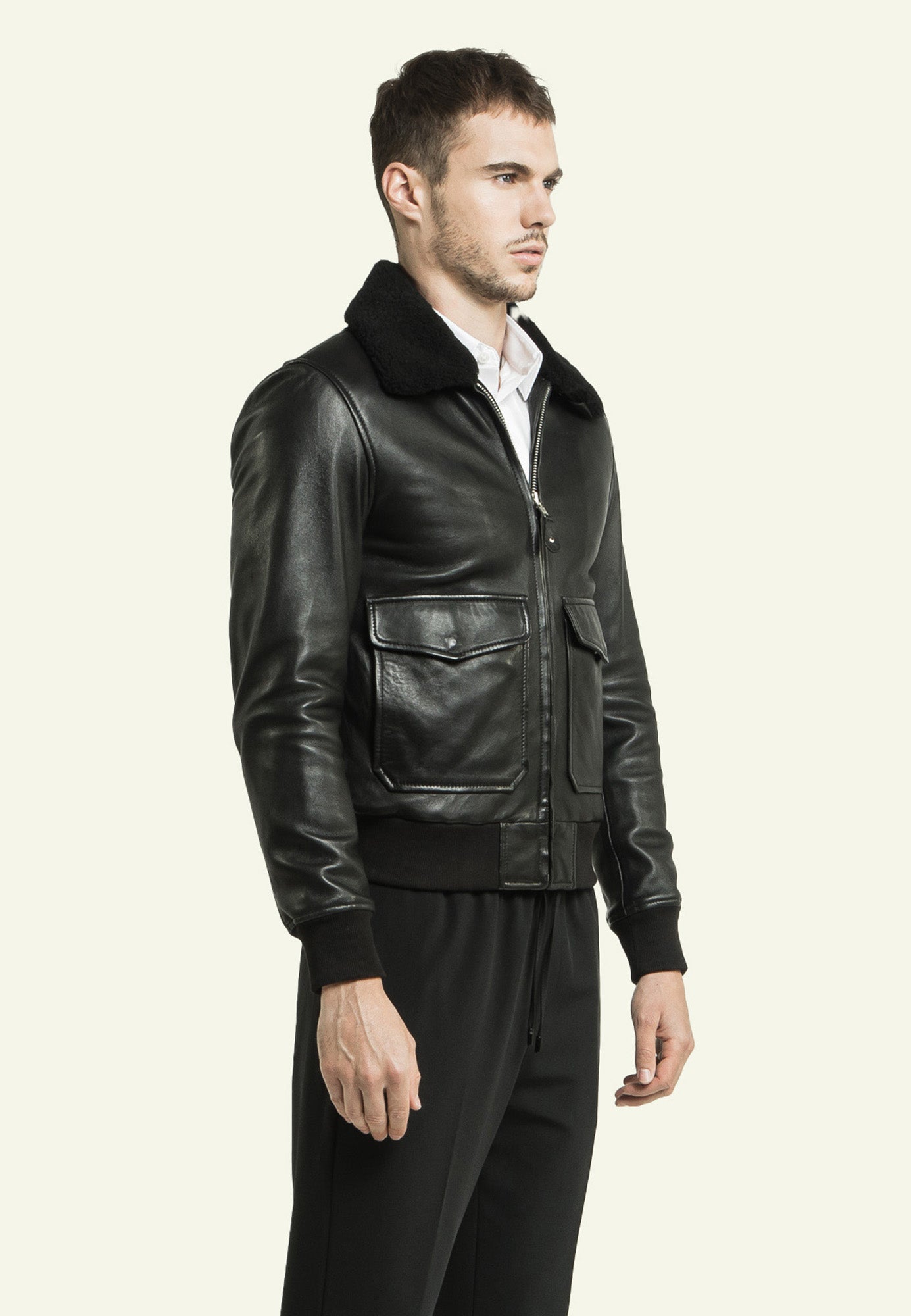 STYLE 18 BLACK vue dos col fourrure blouson cuir — Serge Pariente