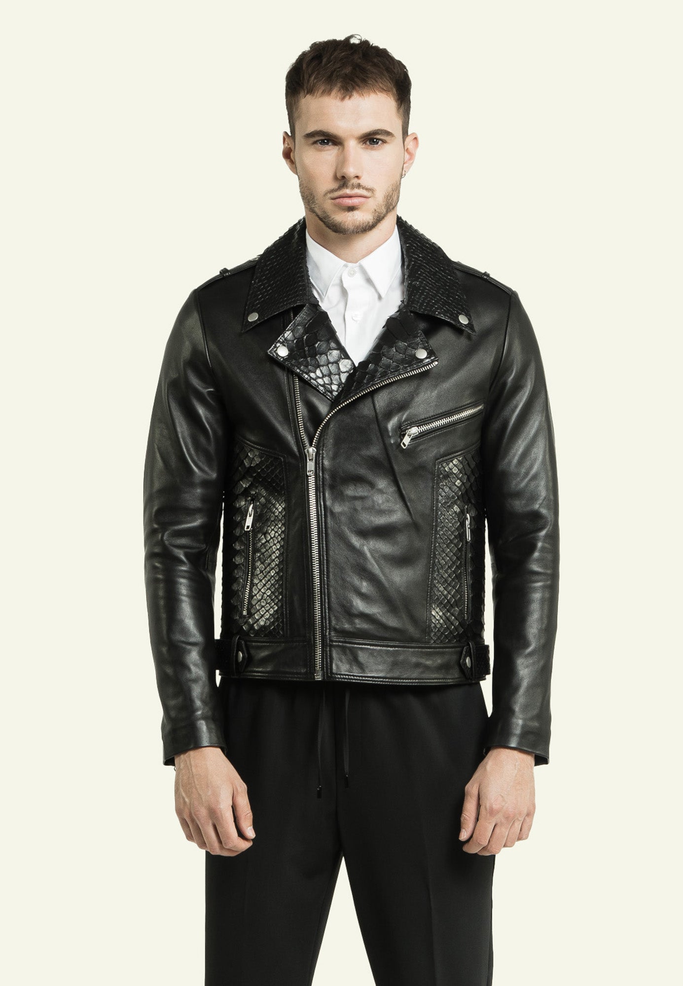 Blouson cuir python intégral noir PREDATOR face — Serge Pariente Paris