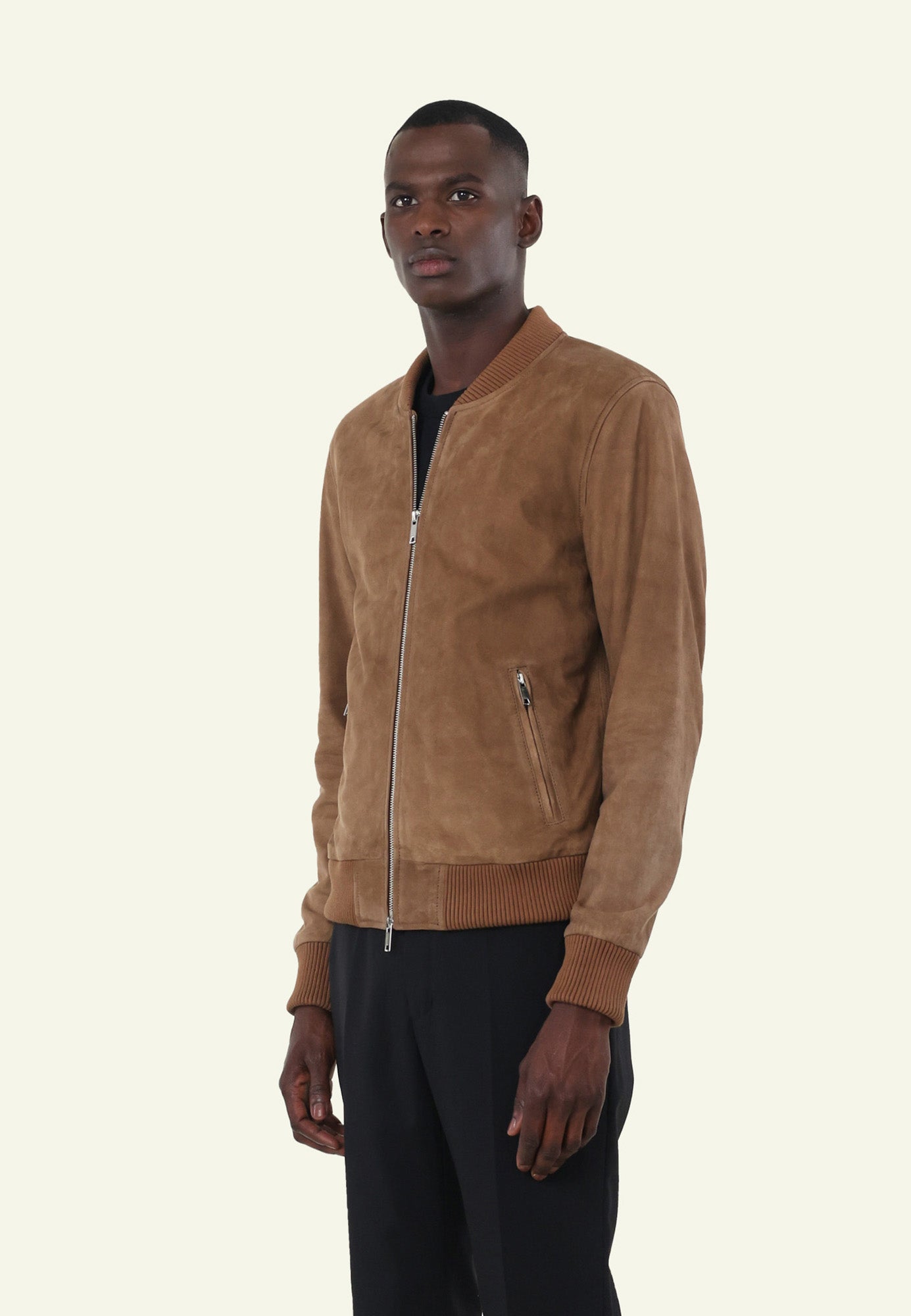 Bomber daim NEW BONBON SUEDE CAMEL - vue cote - Serge Pariente Paris