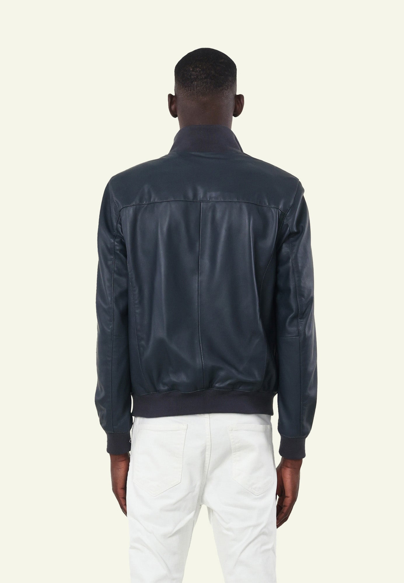 Blouson cuir DISCRET BLUE vue côté — Serge Pariente Paris