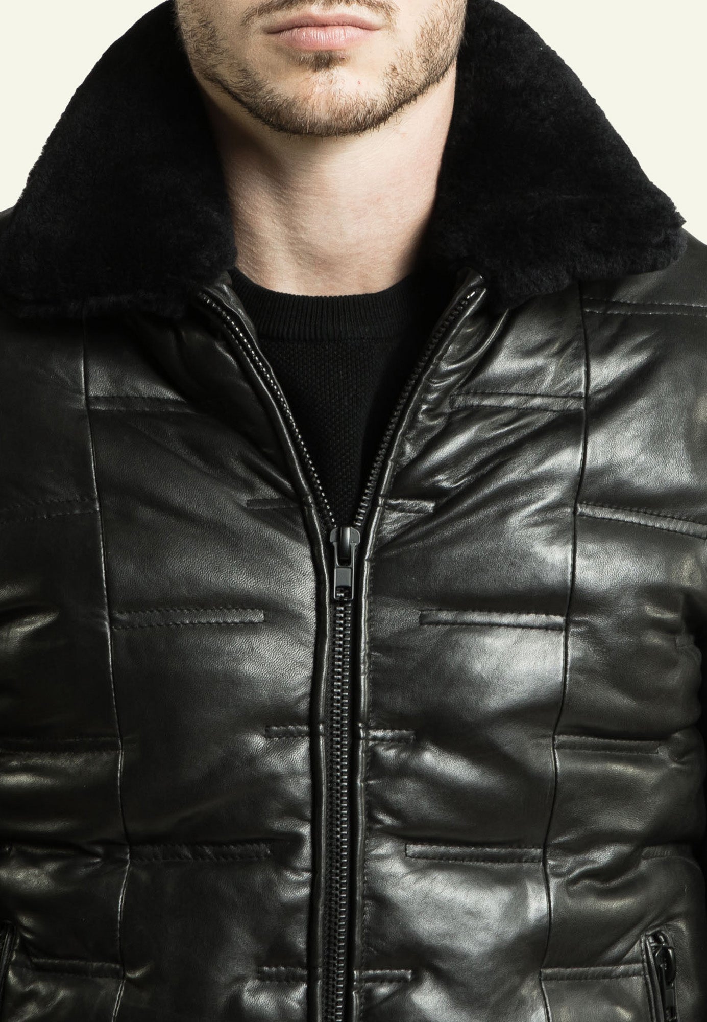 TAYLOR BLACK porté homme doudoune cuir noir — Serge Pariente Paris