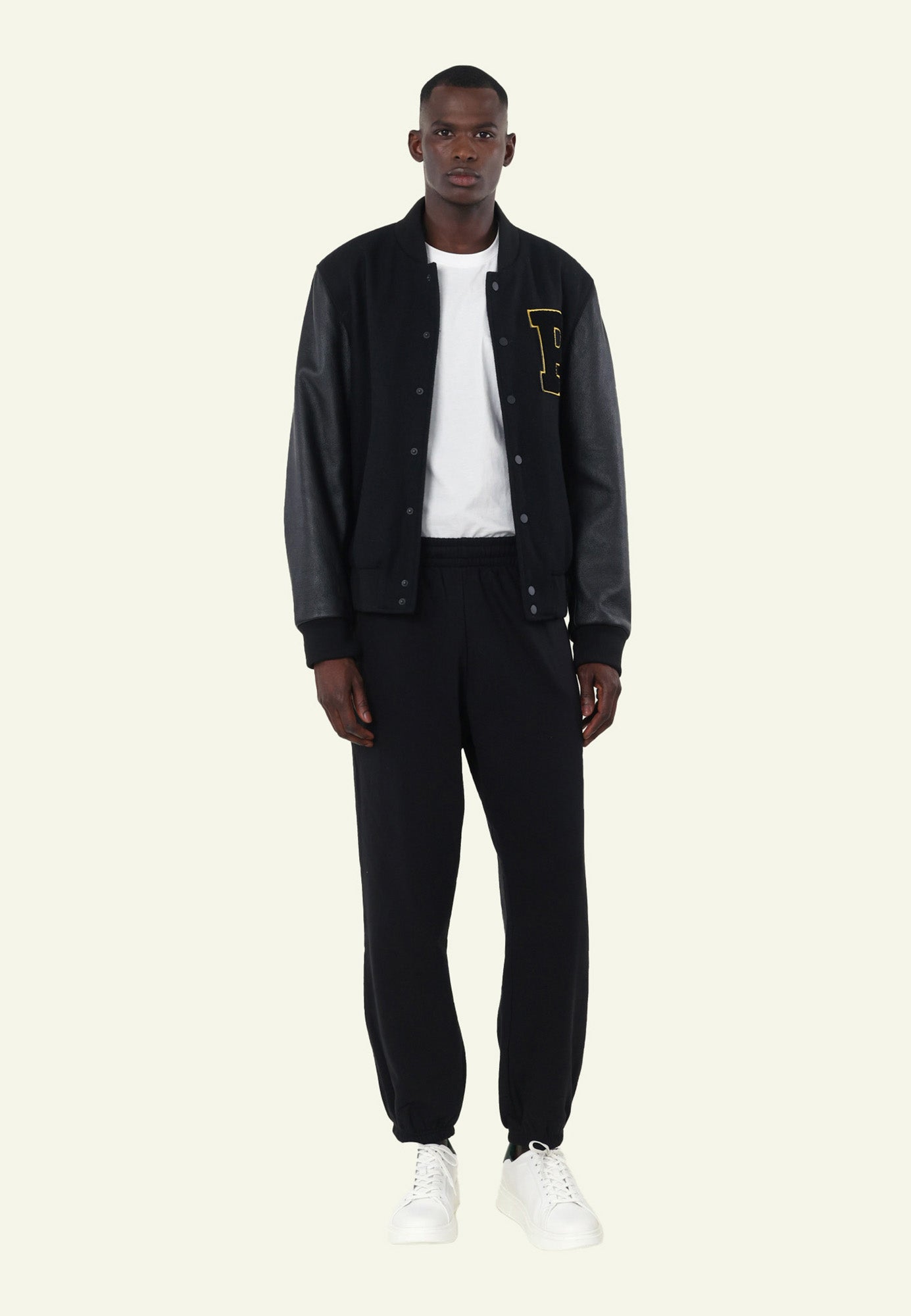 Blouson varsity cuir et laine noir homme VARSITY ID-P BLACK face — Serge Pariente