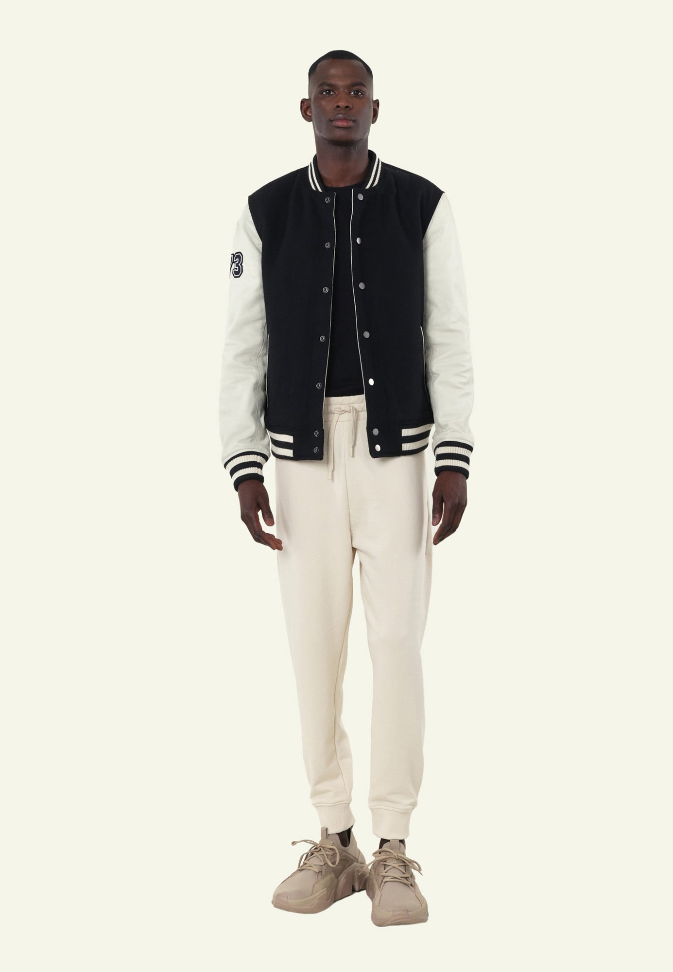 Blouson varsity cuir noir et blanc VARSITY BLACK WHITE face — Serge Pariente