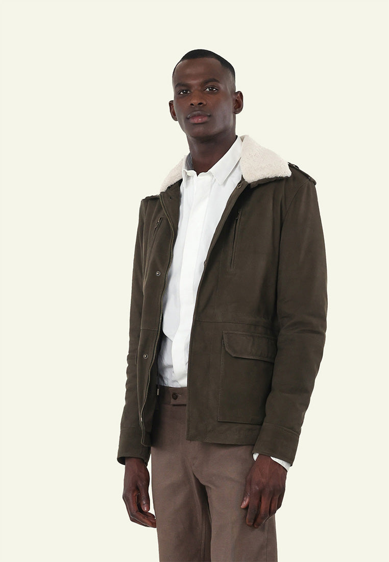 FRAN KHAKI vue dos veste cuir nubuck multipoches — Serge Pariente