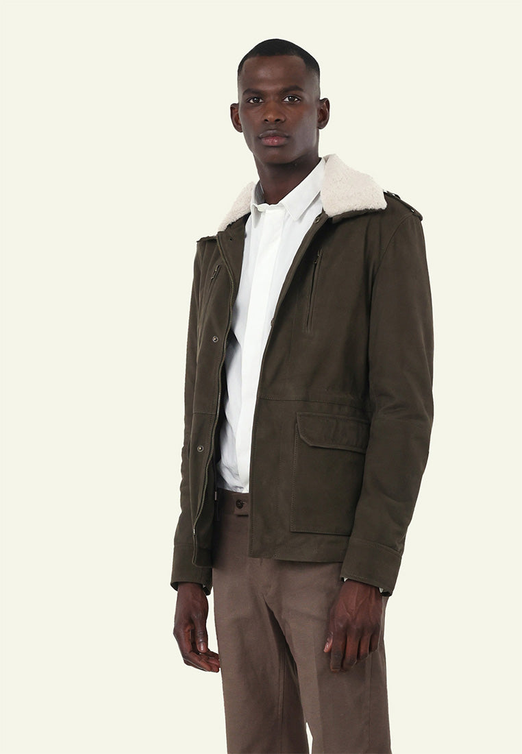 FRAN KHAKI porté homme veste cuir nubuck — Serge Pariente Paris