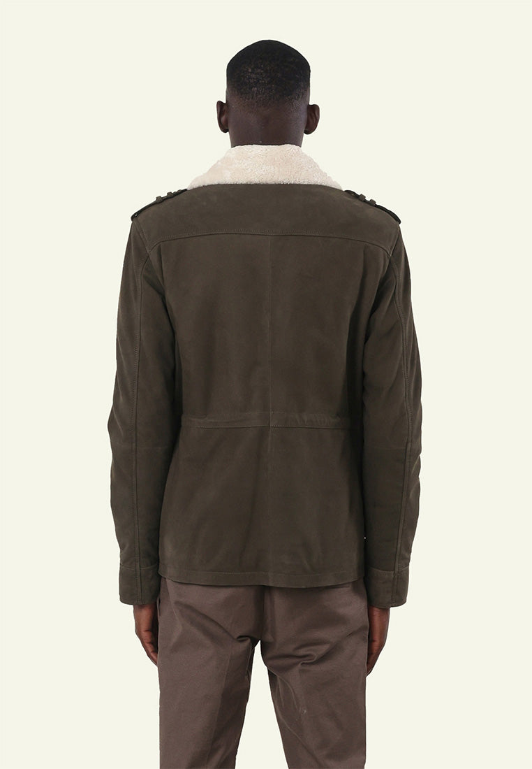 Veste cuir FRAN KHAKI vue côté — Serge Pariente Paris