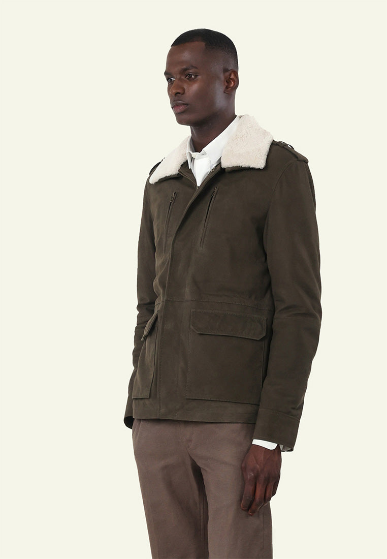 Veste cuir nubuck FRAN KHAKI BEIGE vue complémentaire — Serge Pariente Paris