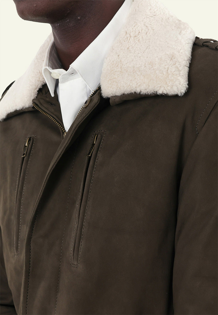 Veste cuir nubuck FRAN KHAKI BEIGE vue détail complémentaire — Serge Pariente Paris