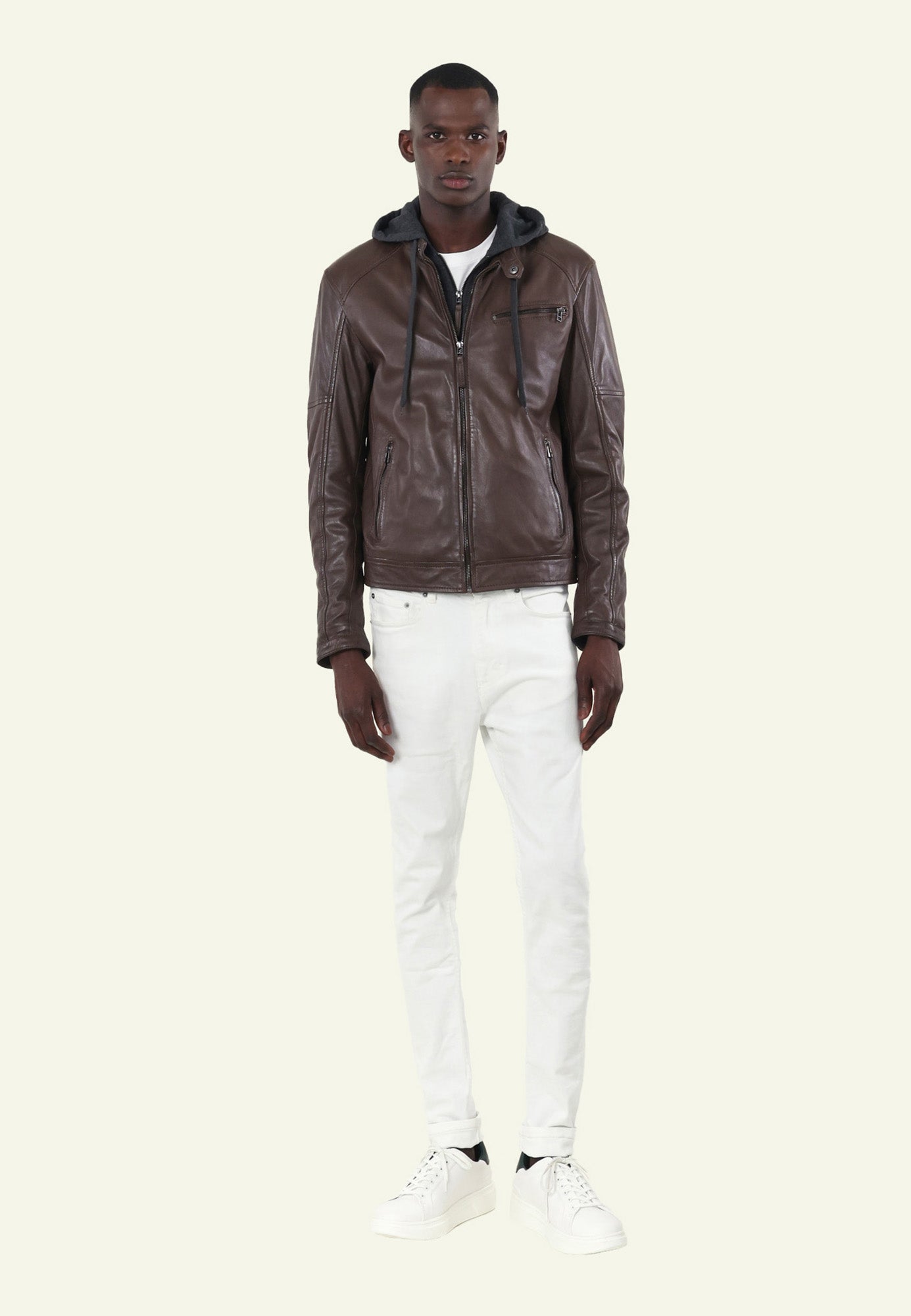 Blouson cuir bicolore mocca anthracite capuche IORA HOOD face — Serge Pariente