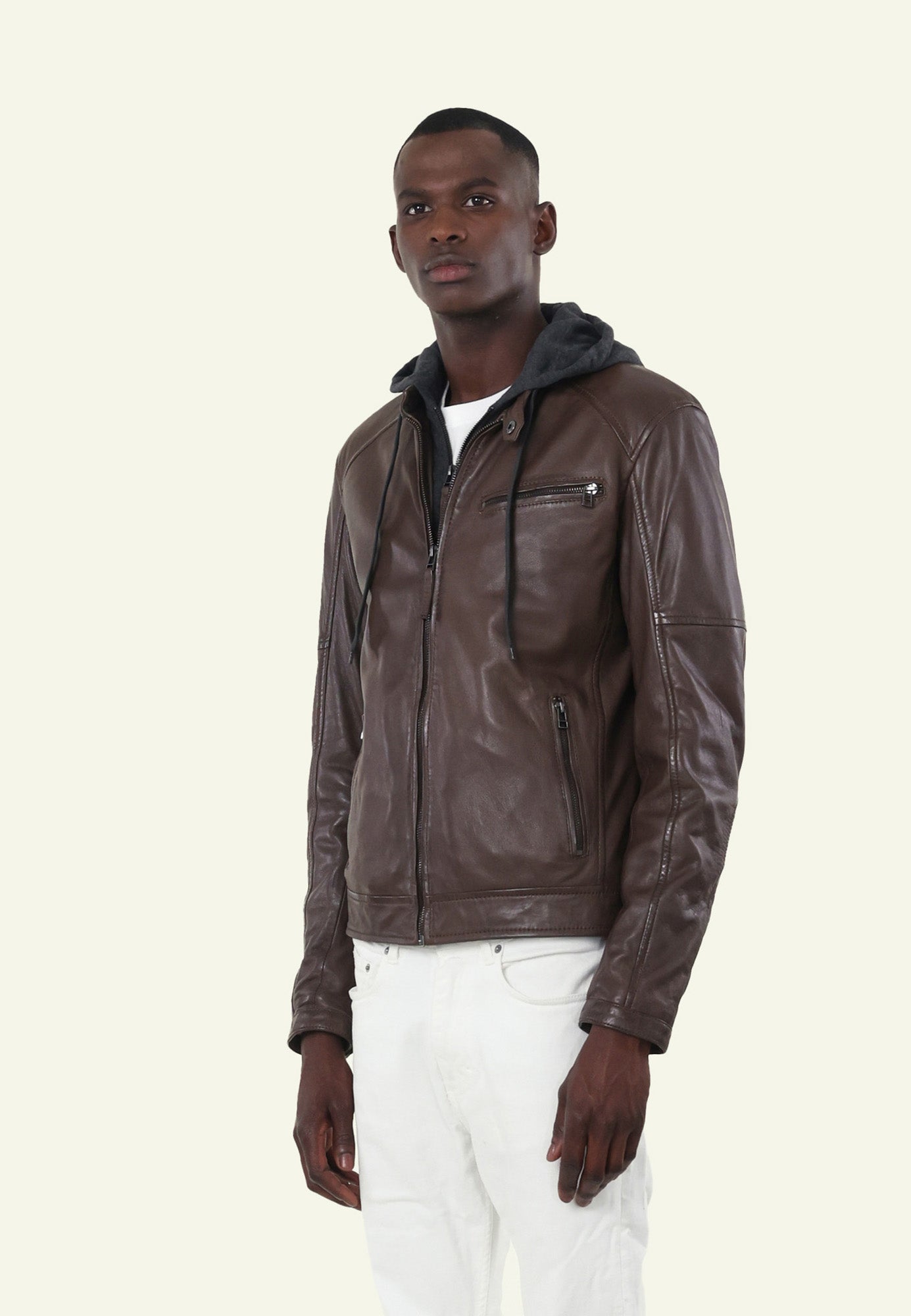 Blouson cuir IORA HOOD vue côté — Serge Pariente Paris