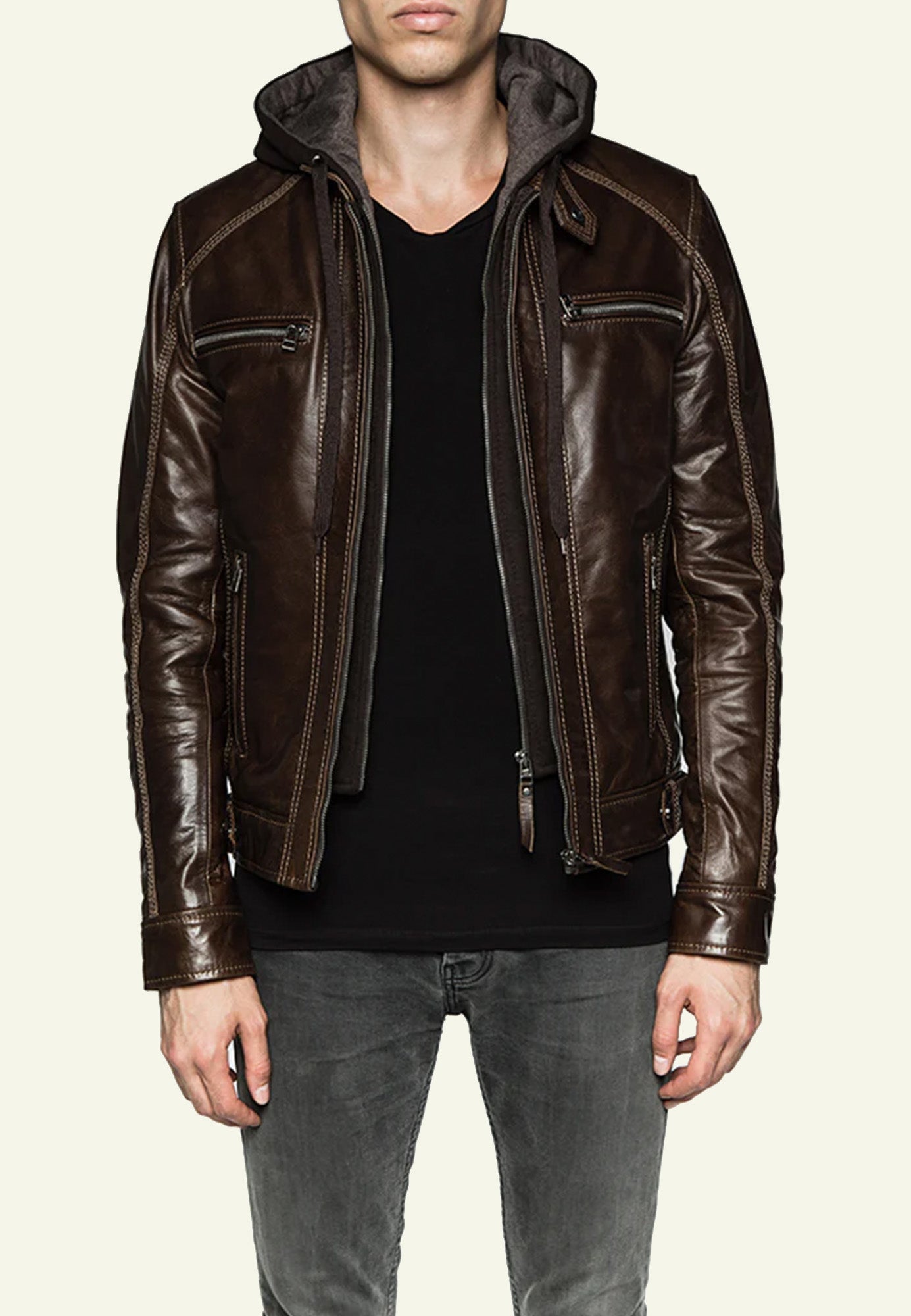Blouson cuir buffle mocca capuche homme ERICO HOOD BUFF face — Serge Pariente