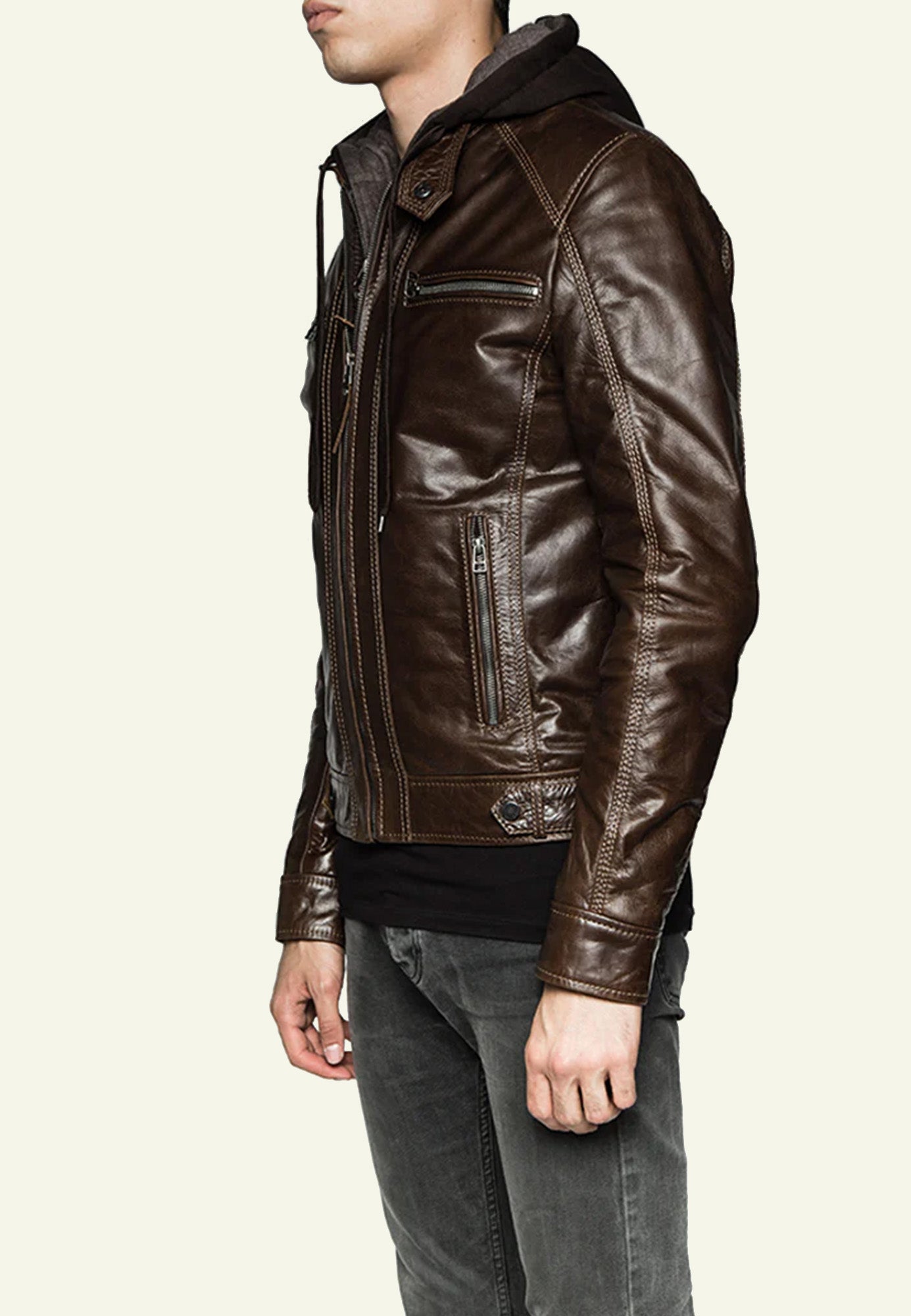 Détail capuche blouson cuir buffle mocca — Serge Pariente Paris
