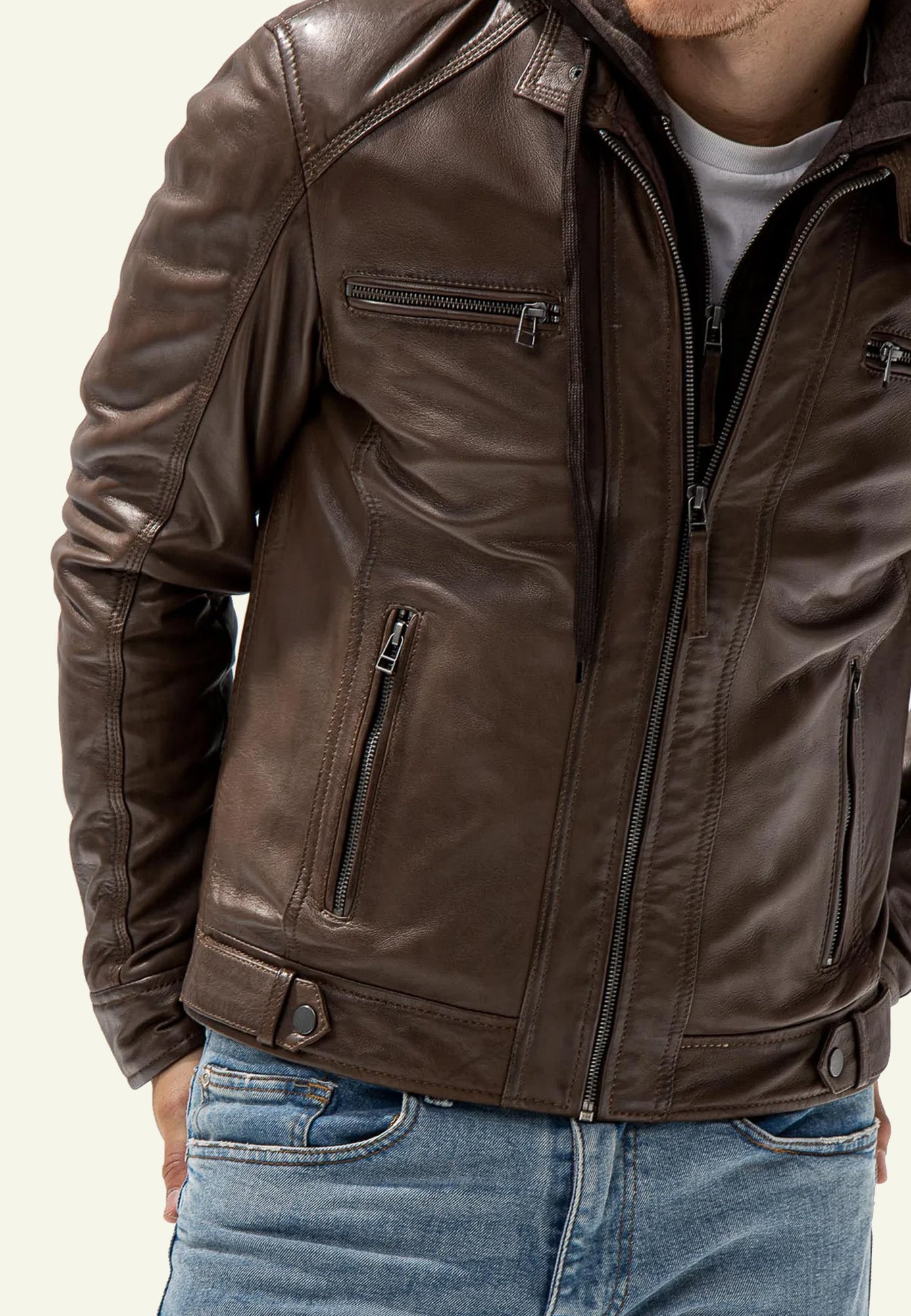 Blouson cuir ERICO HOOD MOCCA vue côté — Serge Pariente Paris