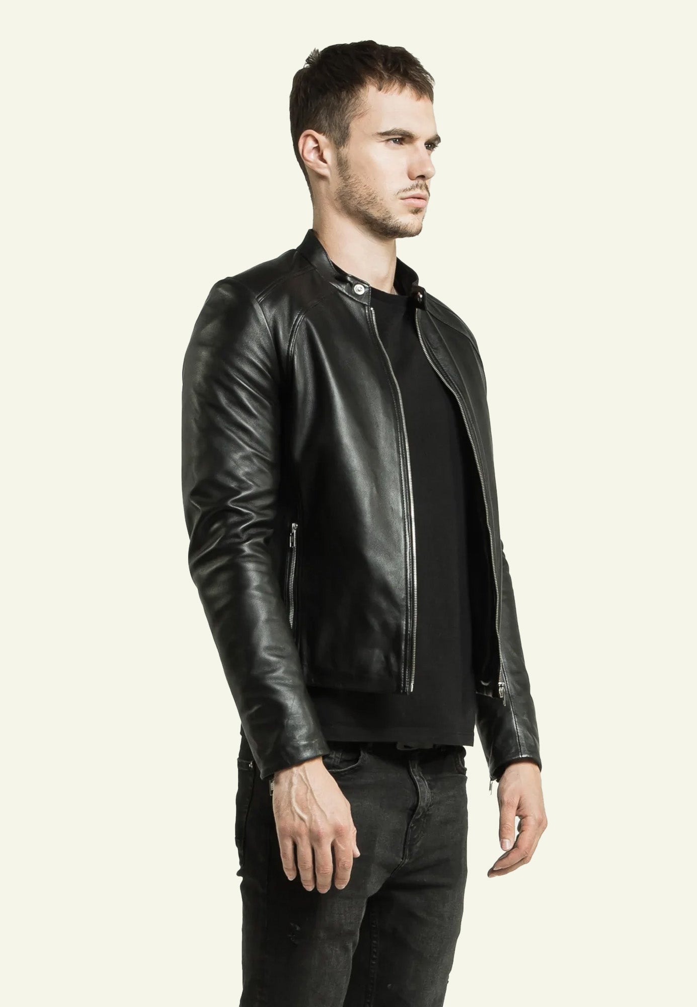 Blouson cuir biker noir LENI NF BLACK face — Serge Pariente Paris