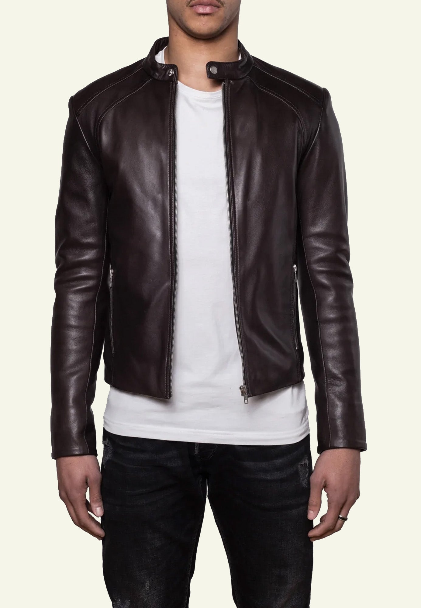 Blouson cuir brun biker homme LENI BROWN face — Serge Pariente Paris