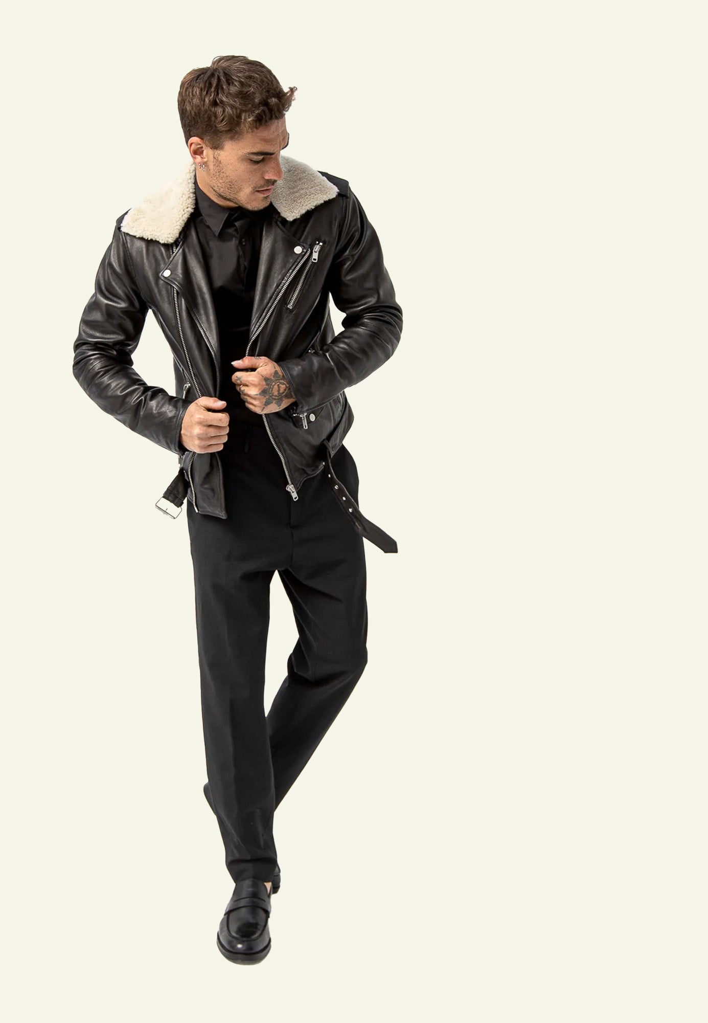 Perfecto cuir col mouton amovible noir homme face — Serge Pariente Paris