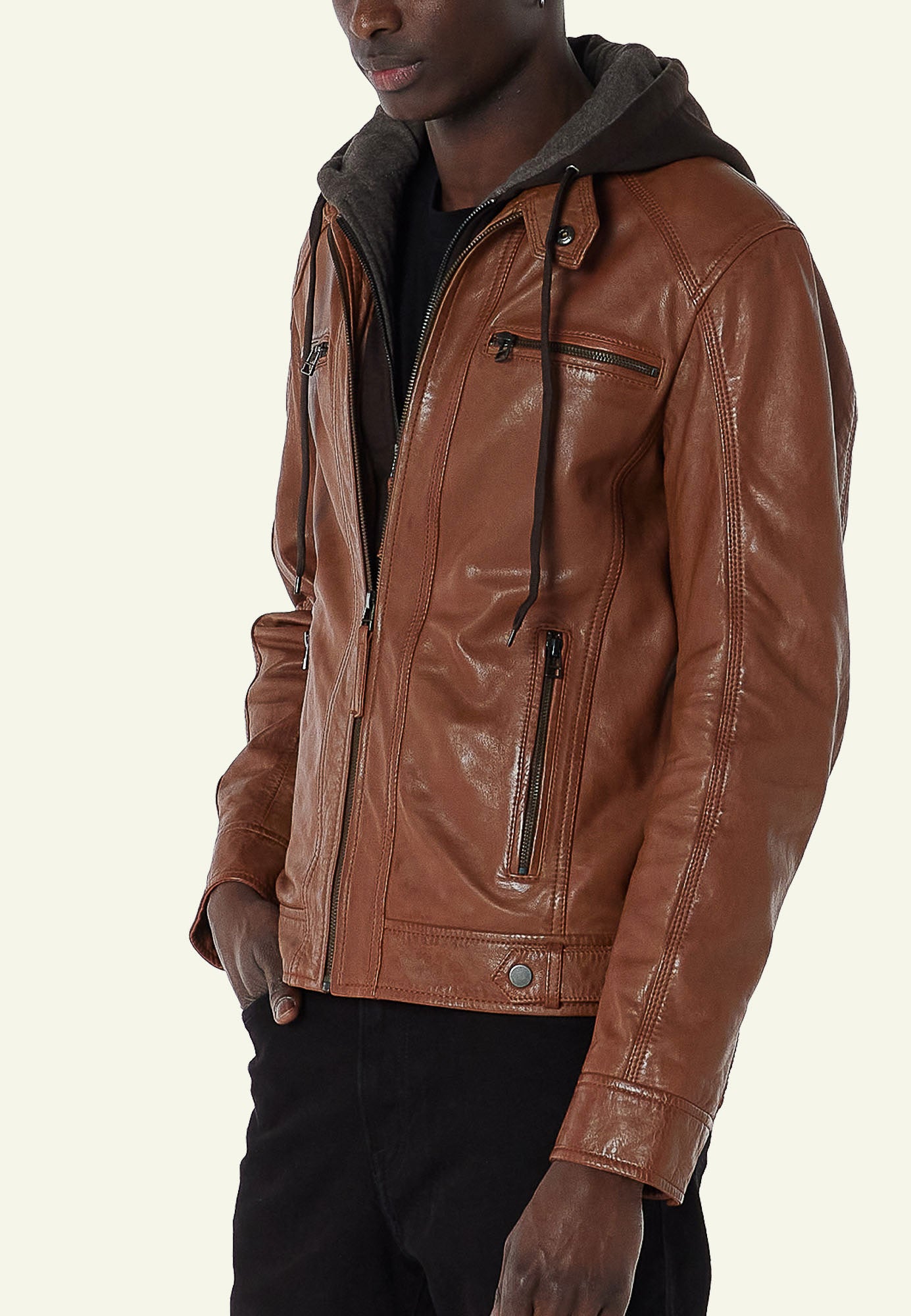 Blouson capuche cuir ERICO HOOD OXBLOOD PRIME - vue portee - Serge Pariente Paris