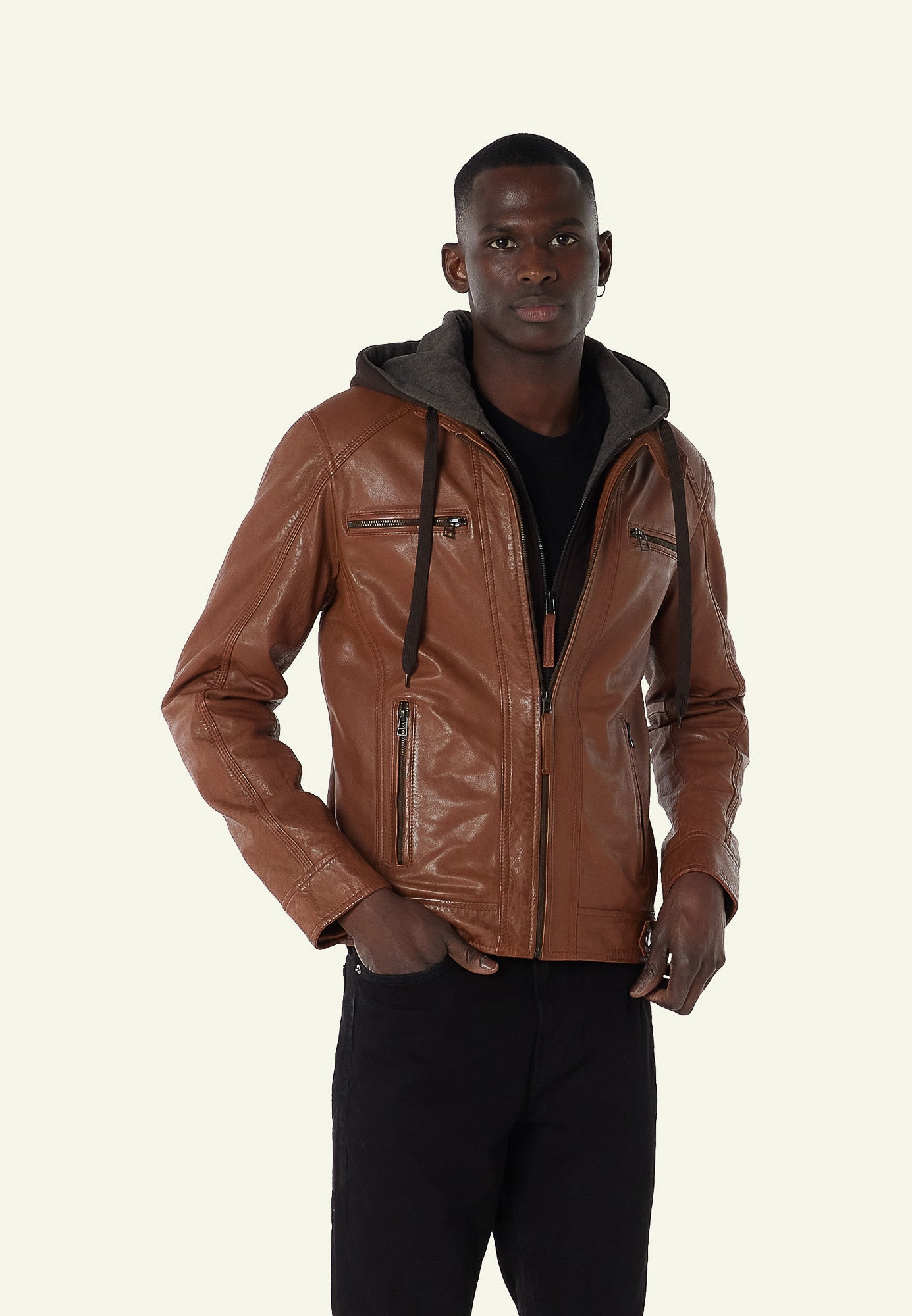 Blouson capuche cuir ERICO HOOD OXBLOOD PRIME - vue complementaire 1 - Serge Pariente Paris