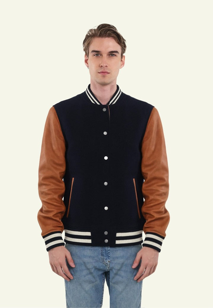 Blouson varsity VARSITY BLUE ET COGNAC sans numero - vue face - Serge Pariente Paris